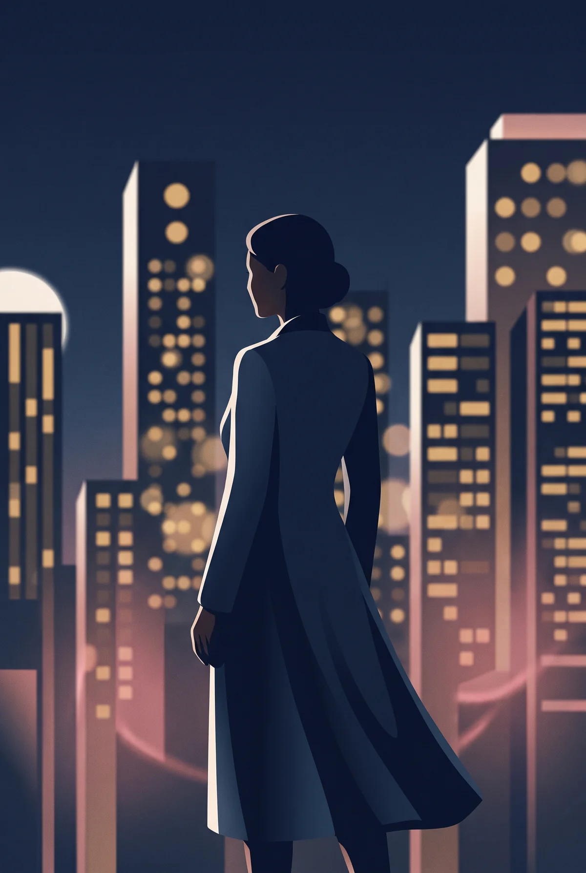 夜のホテルを背景に立つ女性のイラスト｜五反田デリバリーエステ求人